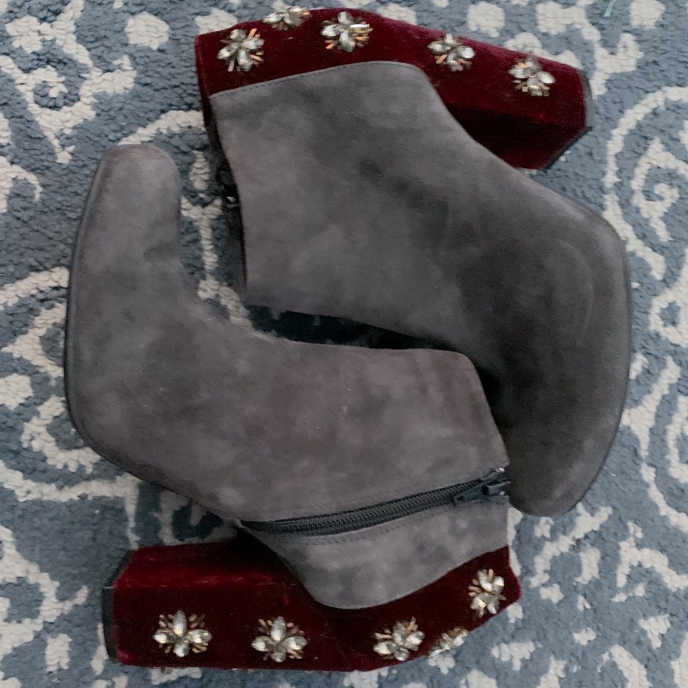 Beautiful, Gray and Maroon Booties with embellished heel